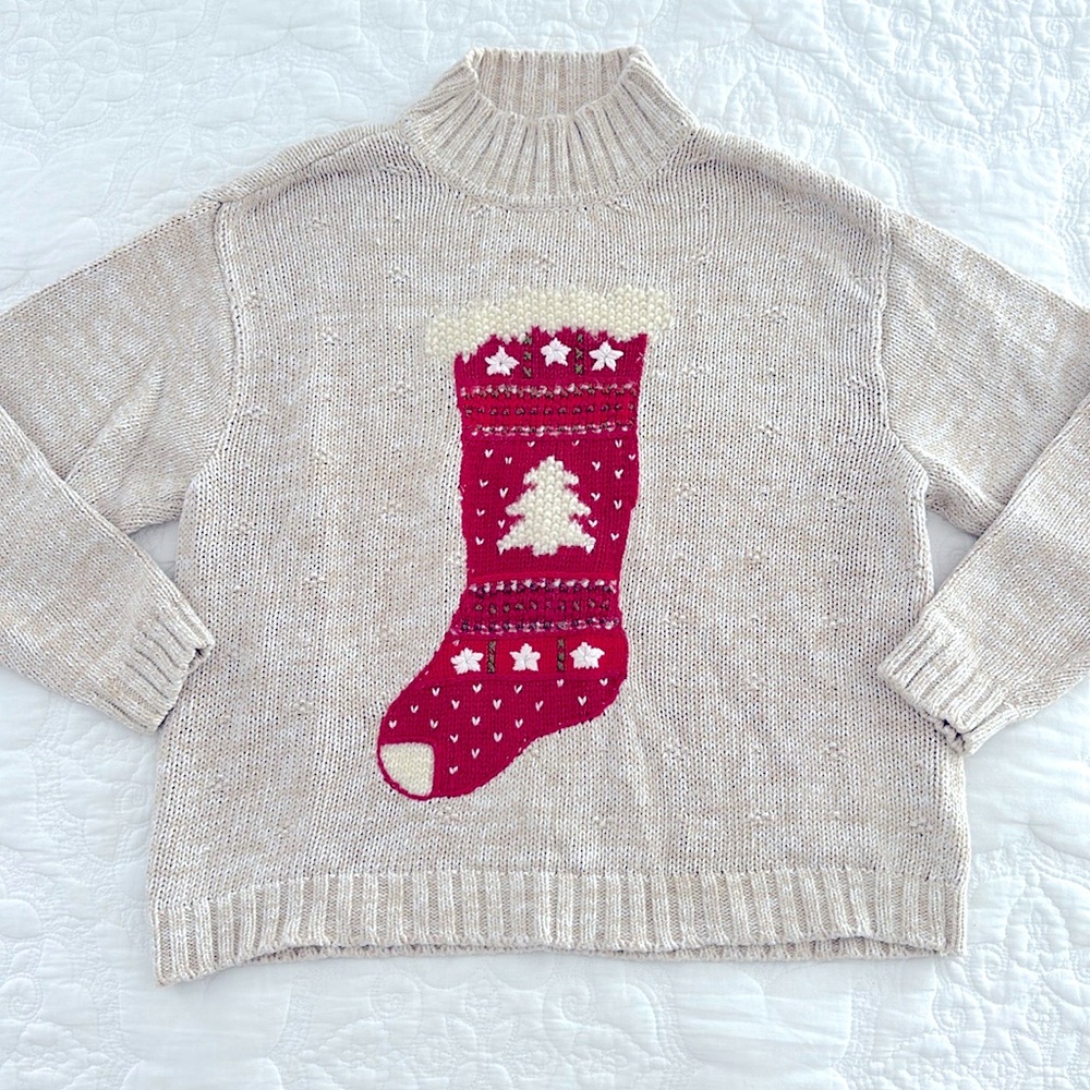 Vintage Christmas Sweater Red Holiday Stocking Women’s Large L Liz Claiborne